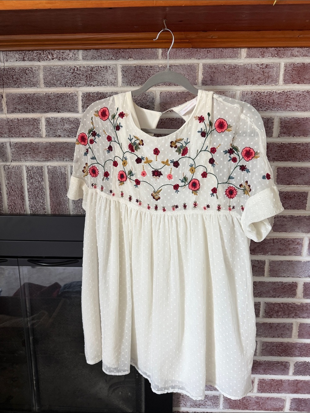 Zara Ivory Swiss Dot Tunic with Pink & Green Floral Embroidery